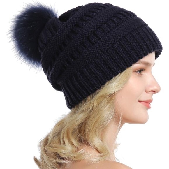 Women Navy Soft Acrylic Thick Baggy Knit Winter Faux Fur Pompom Slouchy Beanie - Picture 4 of 6